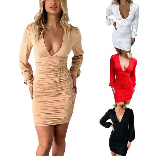 Solid V-neck Long Sleeve Hip Wrap Dress