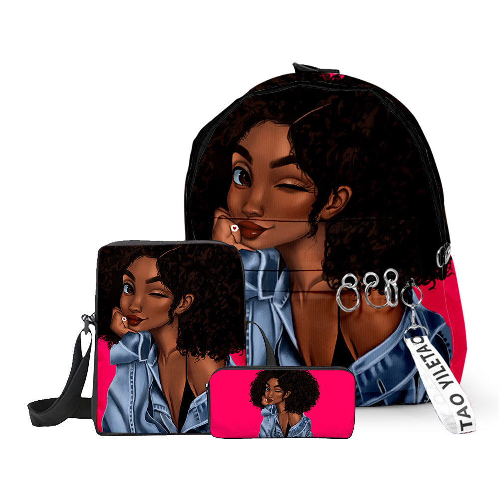 Fashion Print Girl Backpack Pen Bag Messenger Three-piece Suit