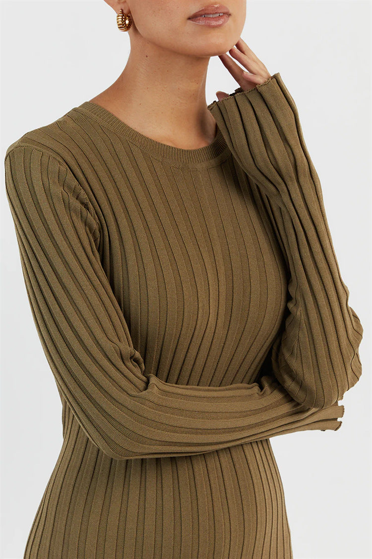 Long Sleeve Round Neck Tight Knitted Sunken Stripe Solid Color Dress