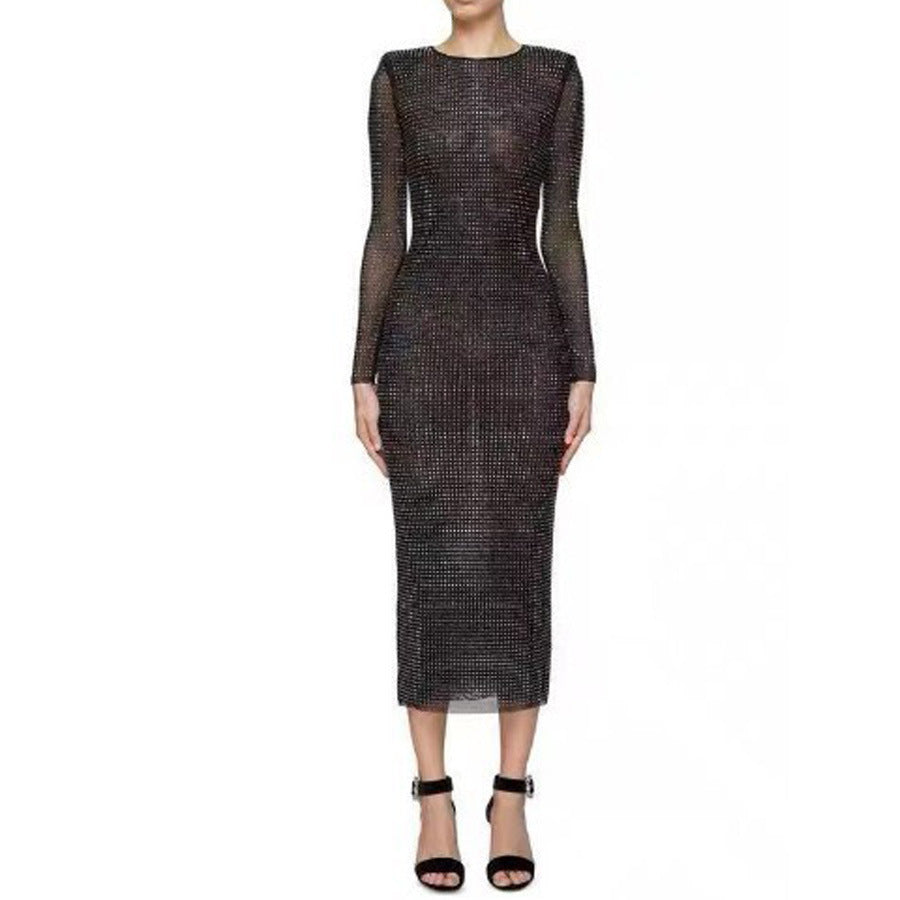 Long Sleeve Heavy Industry Sparkling Full Rhinestone Sheath Tight Elegant Dress