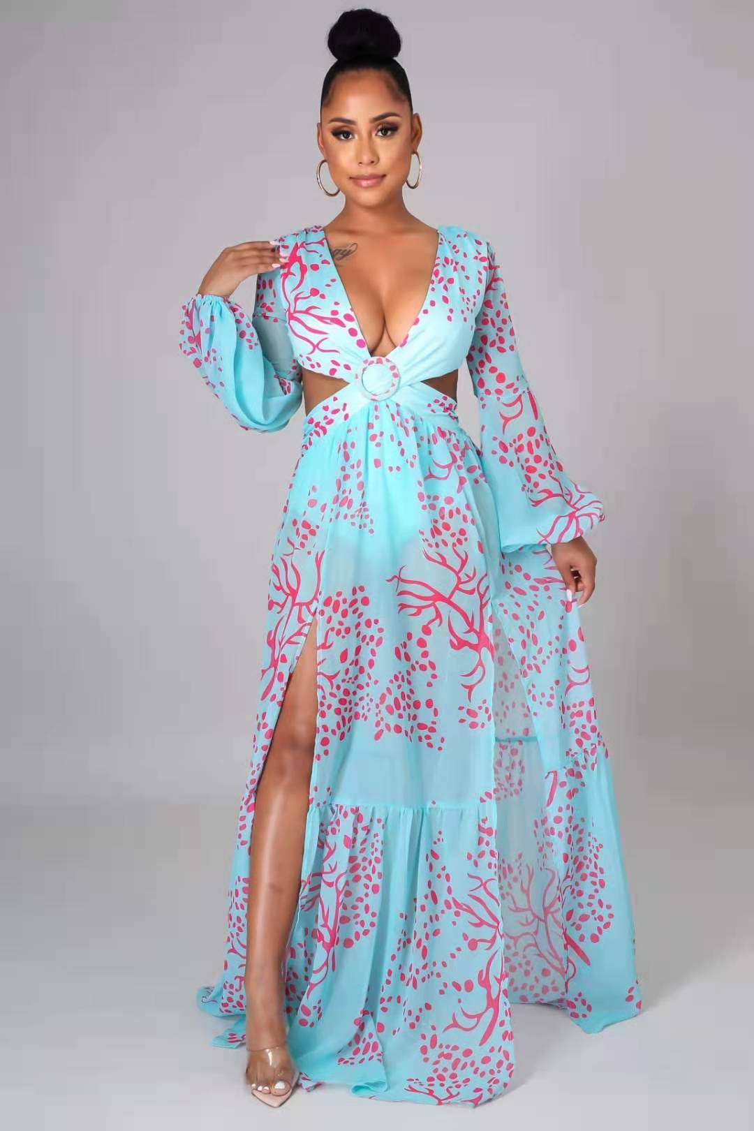 Printed Lantern Long Sleeve V-Neck Slit Dress