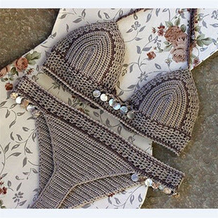 European And American New Women's Swimsuit Suit Beach Sunshine Bath Foreign Trade Handmade Crochet Tassel Split Bikini