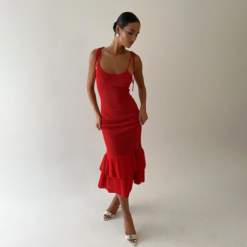 European And American Fashion Sleeveless Low-cut Knitted Tied High Waist Slim Fishtail Dress