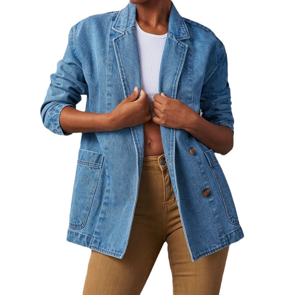 Veste de costume de femme en denim bleu lavé