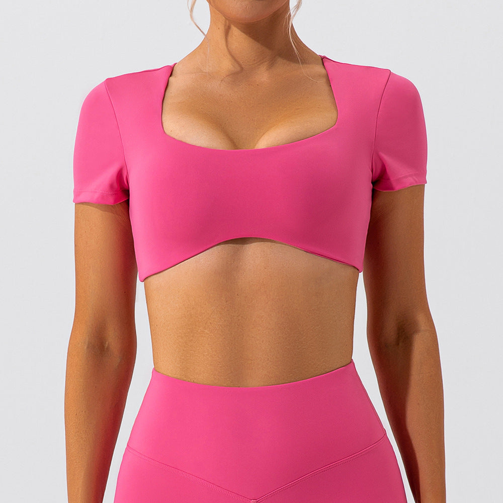 Running Sports Top da donna, asciugatura rapida, colore nudo, a maniche corte, maglietta fitness