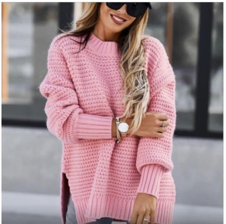 Solid color drawstring side slit knit sweater