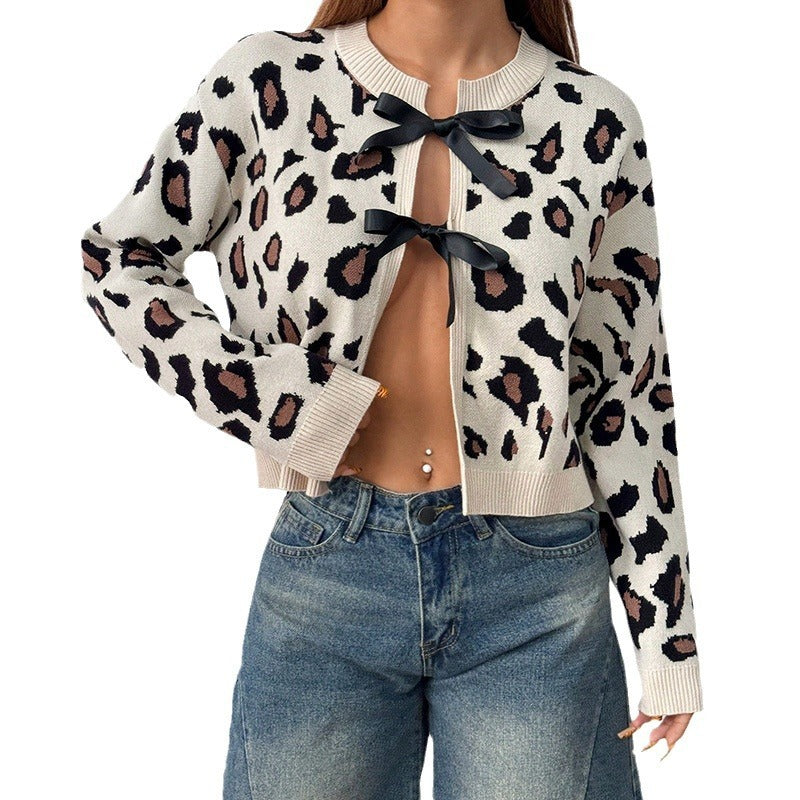 Dot Print Cardigan Bow Lace-up Sweater