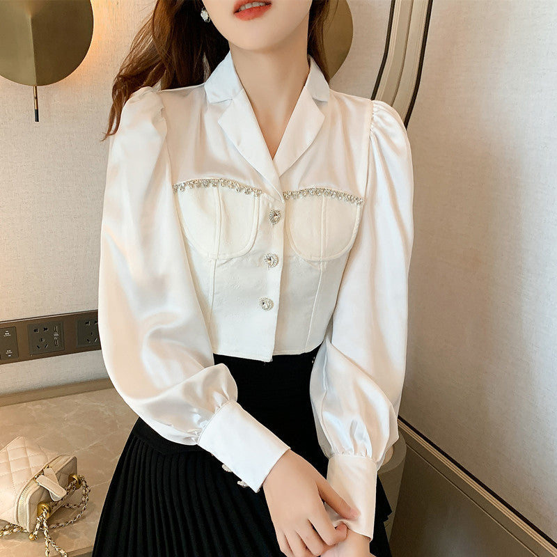 French Temperament Bubble Sleeve White Satin Shirt Woman