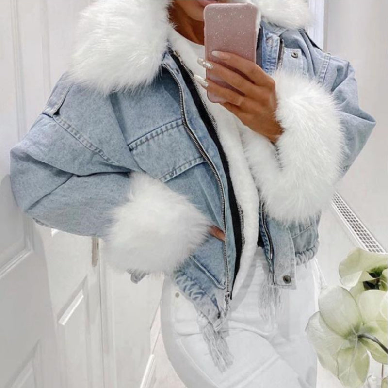 Washed White Short Denim Fur Integrated Jacket