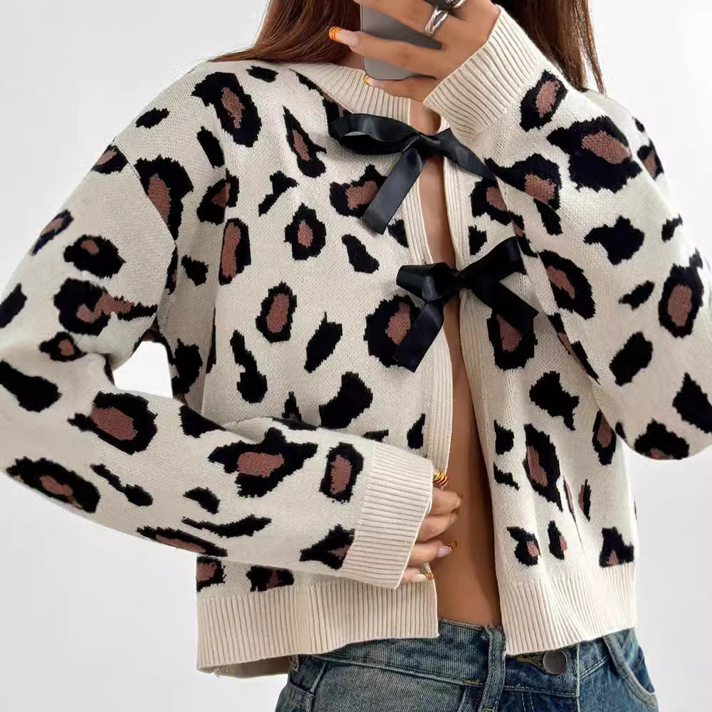 Dot Print Cardigan Bow Lace-up Sweater