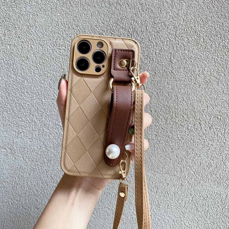 Diamond Coffee Color Pearl Wrist Strap Phone Case