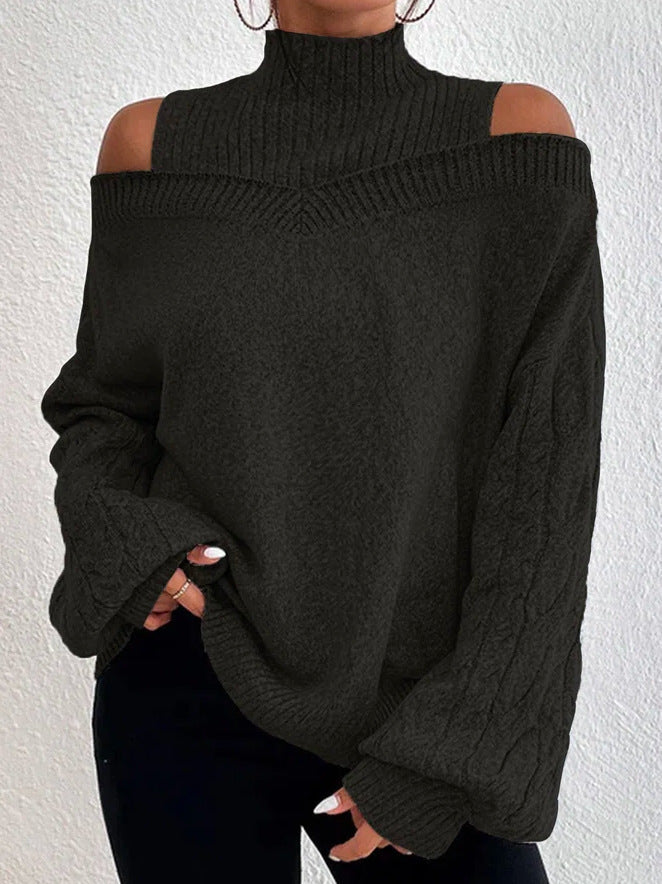 European And American Off-the-shoulder Sweater Women's Pullover Half Turtleneck Autumn And Winter New Lantern Sleeve Sweater