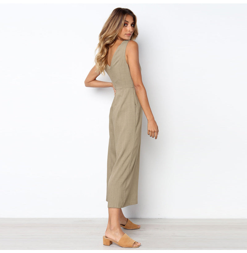 Dacron V-neck Button Backless Jumpsuit