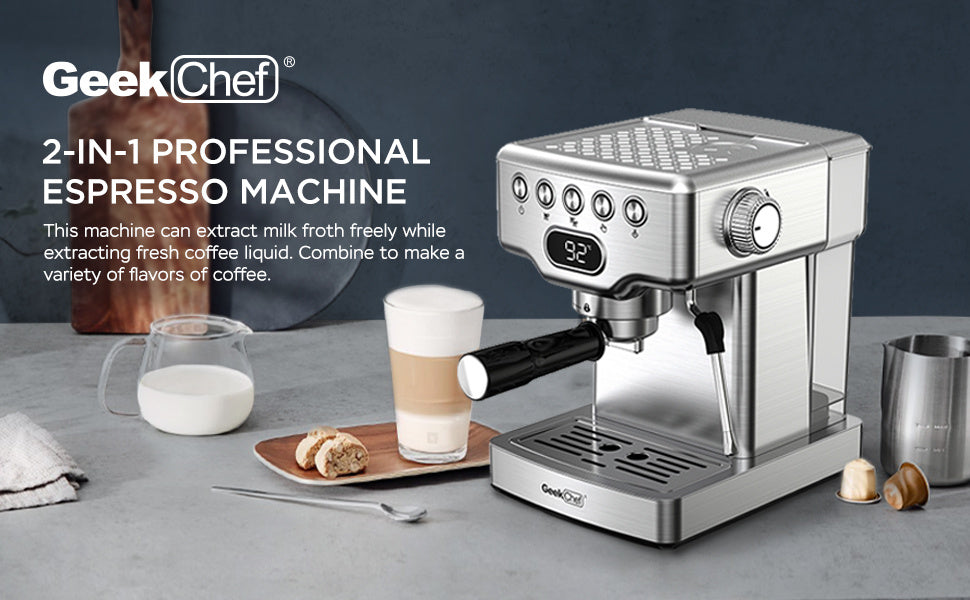 Macchina per caffè espresso Geek Chef, macchina per caffè espresso da 20 bar con montalatte per latte, cappuccino, macchiato, per macchina per caffè espresso domestica, serbatoio dell'acqua da 1,8 l, acciaio inossidabile, divieto su Amazon