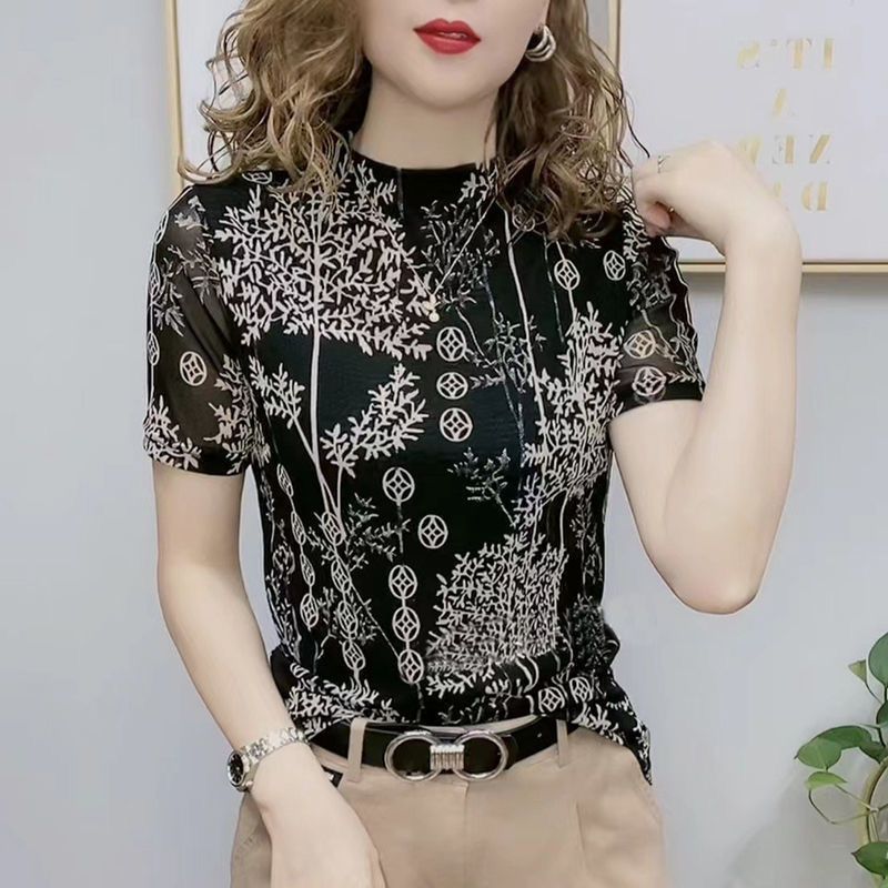 Double Layer Mesh Floral Print T-shirt Stretch