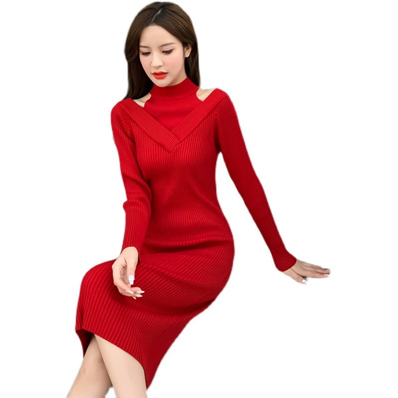 Over-the-knee Bottoming Temperament Off-shoulder Knitted Dress Women