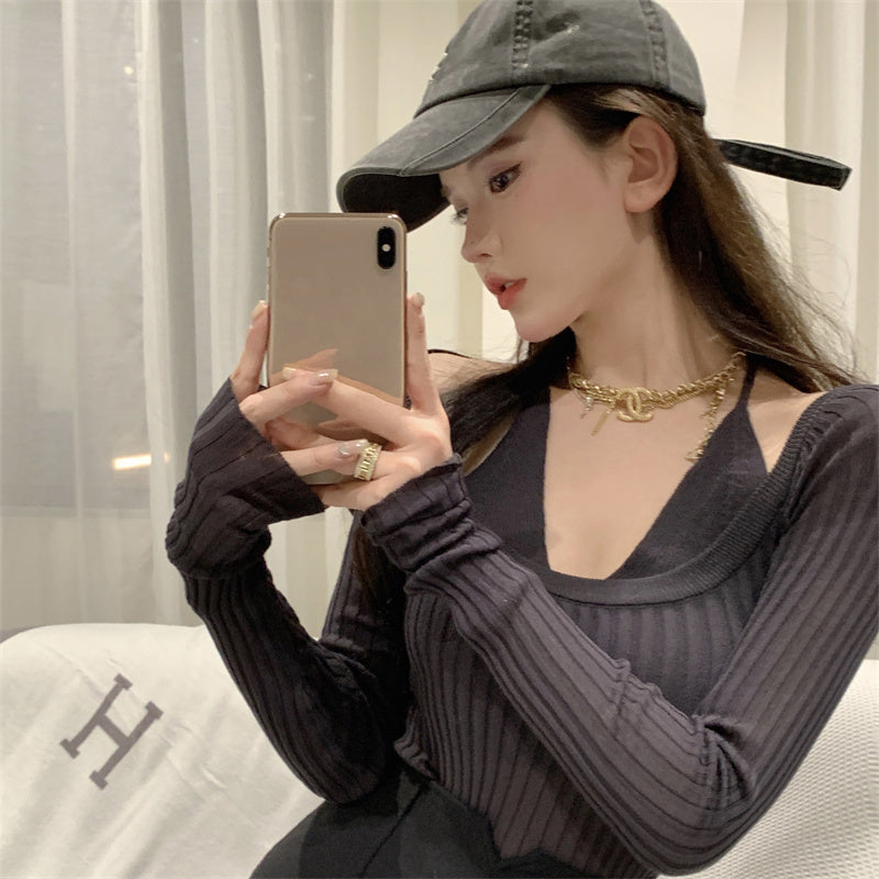 Women's Fashion V-neck Tight Fitting Inner Jersey Long Sleeve Top