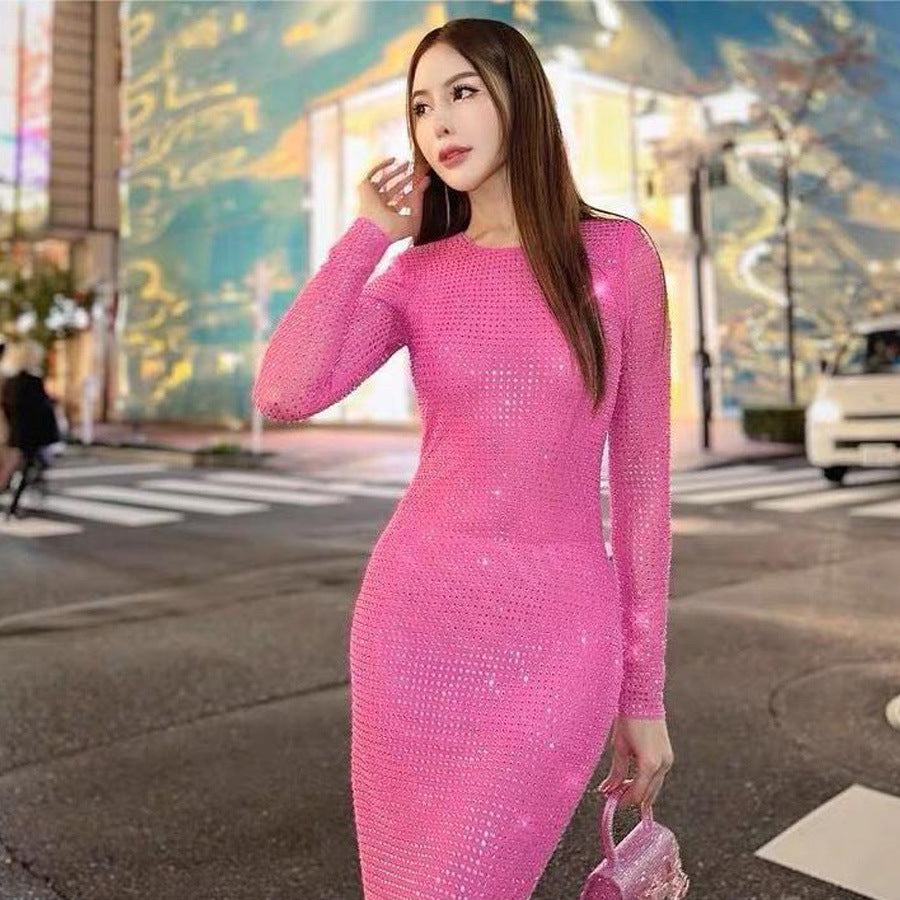 Long Sleeve Heavy Industry Sparkling Full Rhinestone Sheath Tight Elegant Dress