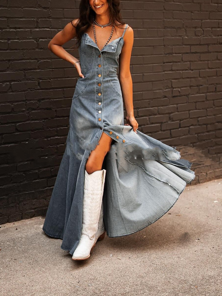 INS Frauen Sommer Vintage Denim gewaschen gewaschen, großes Swing -Kleid