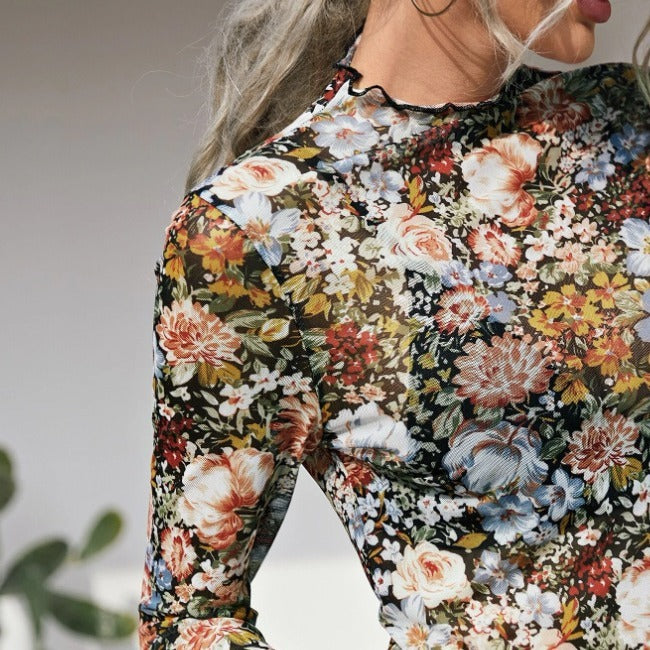 Lettuce Edge Floral Print Mesh Top