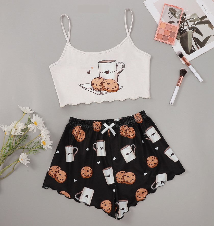 Printed Strap Tube Top Shorts Home Wear Suit