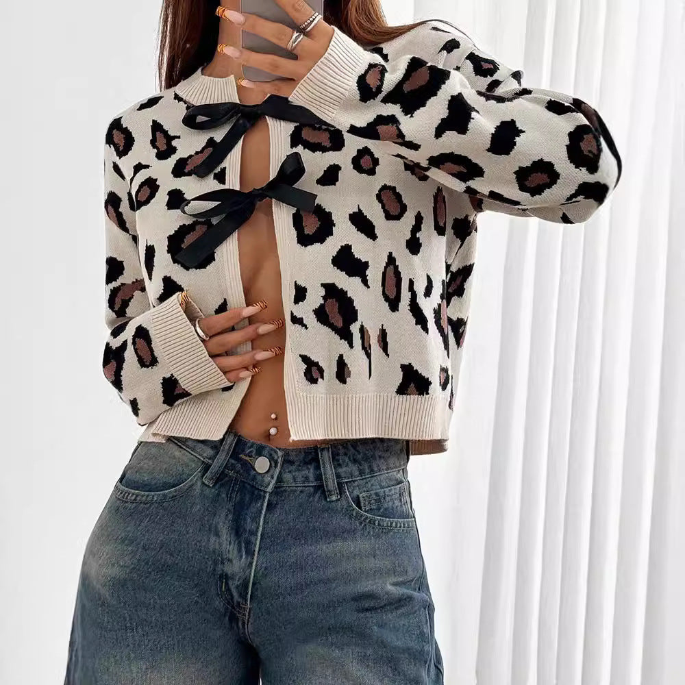 Dot Print Cardigan Bow Lace-up Sweater