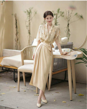 Summer New Ladies Temperament Chiffon Floral Shirt Skirt Two-piece Suit