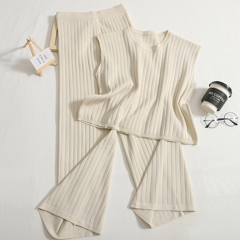 Knitting Suit Solid Color Sleeveless Vest High Waist Wide Leg Pants Two-piece Set