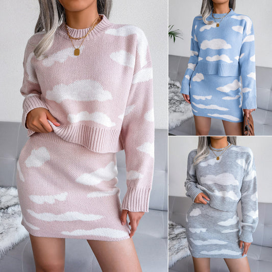 Pull en tricot en nuage blanc Ensemble en deux pièces de la jupe de hanche enveloppée