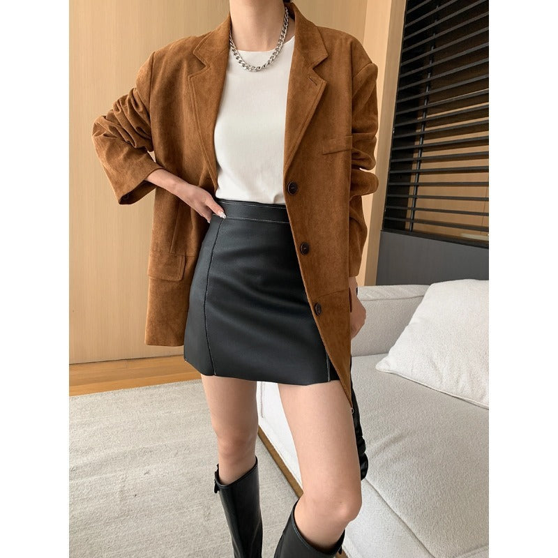 Fashionable Antique Style Artificial Suede Profile Loose Suit Jacket