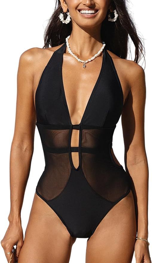 Women's V-neck Hanging Neck Mesh Fashion One-piece Swimsuit