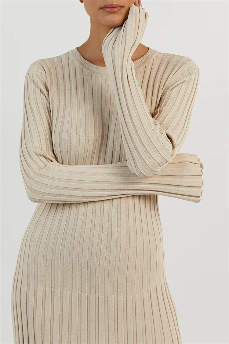 Long Sleeve Round Neck Tight Knitted Sunken Stripe Solid Color Dress