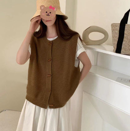 Horn Button Knitted Coat Sleeveless Vest For Women