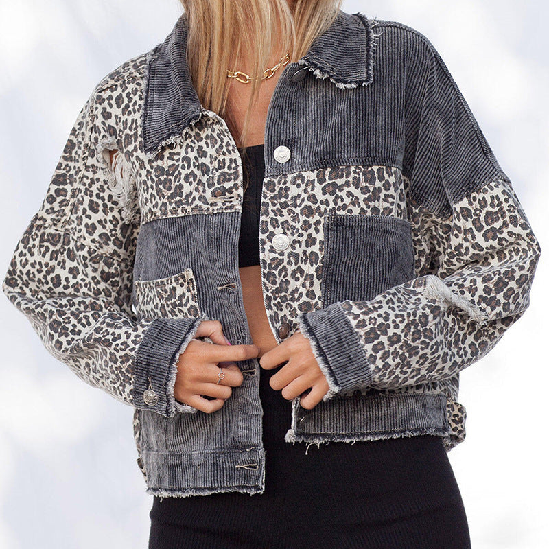 Leopard Stitching Corduroy Denim Women Jacket