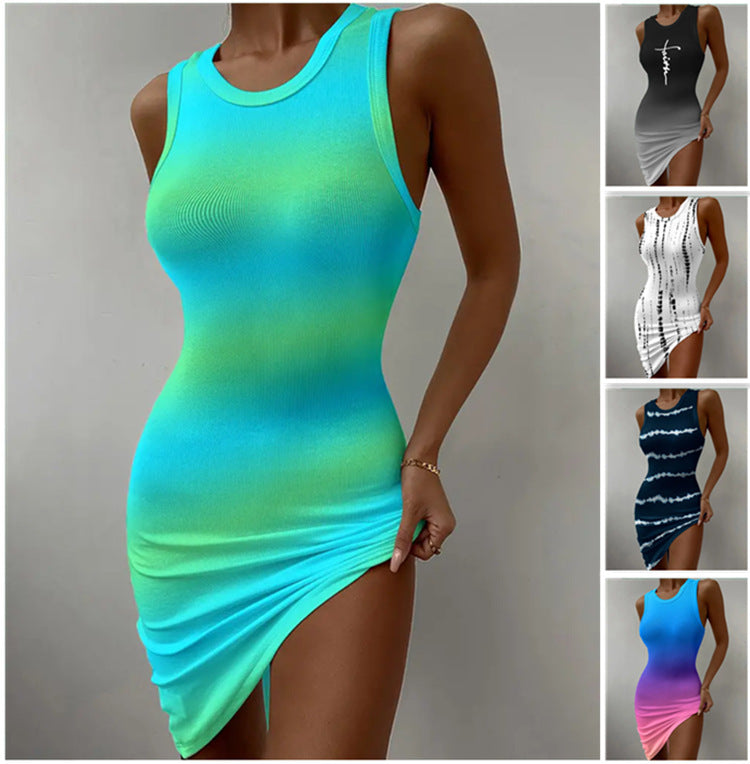 Women's Sleeveless Round Neck Tight Gradient Dress