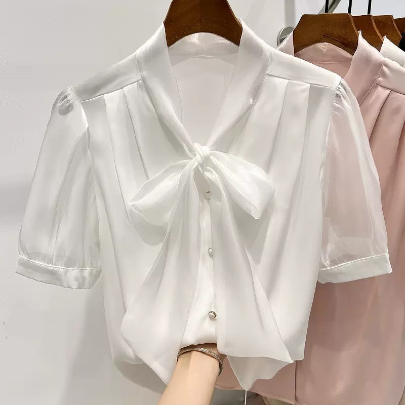 Pure Color Tied Single-breasted Short Sleeve Shirt For Women