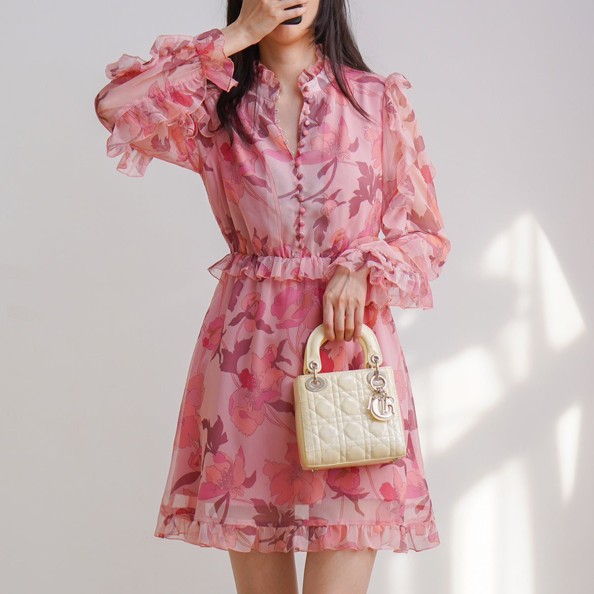 Chiffon Stand Collar French Waist Thin Dress