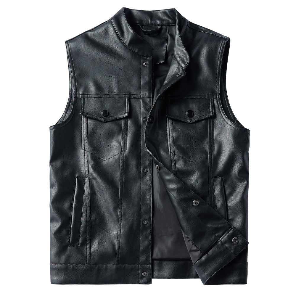 Men's Motorcycle Multi-pocket Pu Casual Vest Sleeveless Jacket