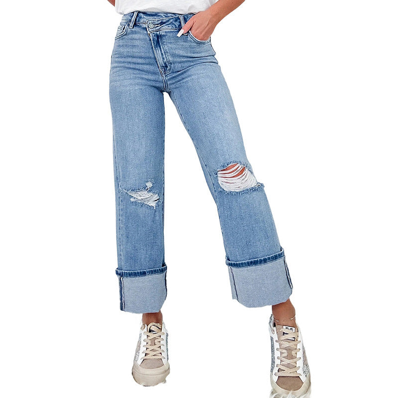 Feste Farbhosen hohe Taille zerrissene Jeans für Frauen