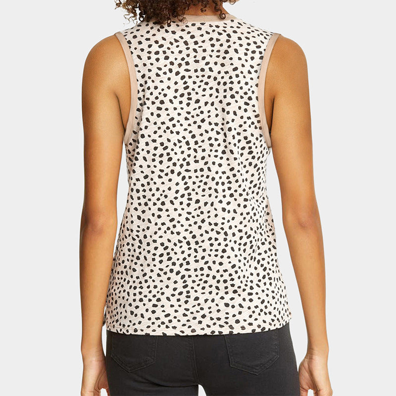 Leopard Print Round Neck Sleeveless Vest For Women