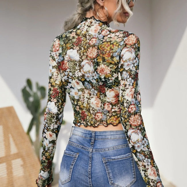 Lettuce Edge Floral Print Mesh Top