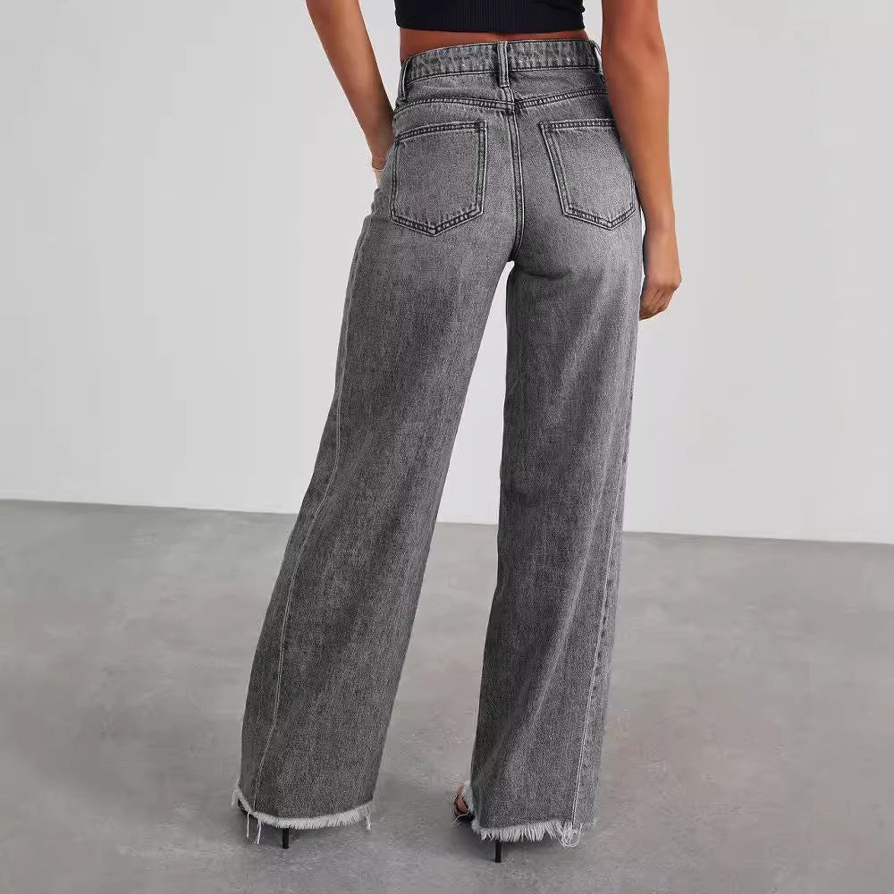 Jean à la taille haute mode avec poches confortables slim fit pantalon large à jambes larges vêtements pour femmes