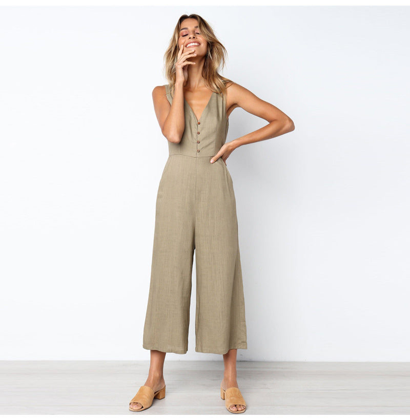 Dacron V-neck Button Backless Jumpsuit