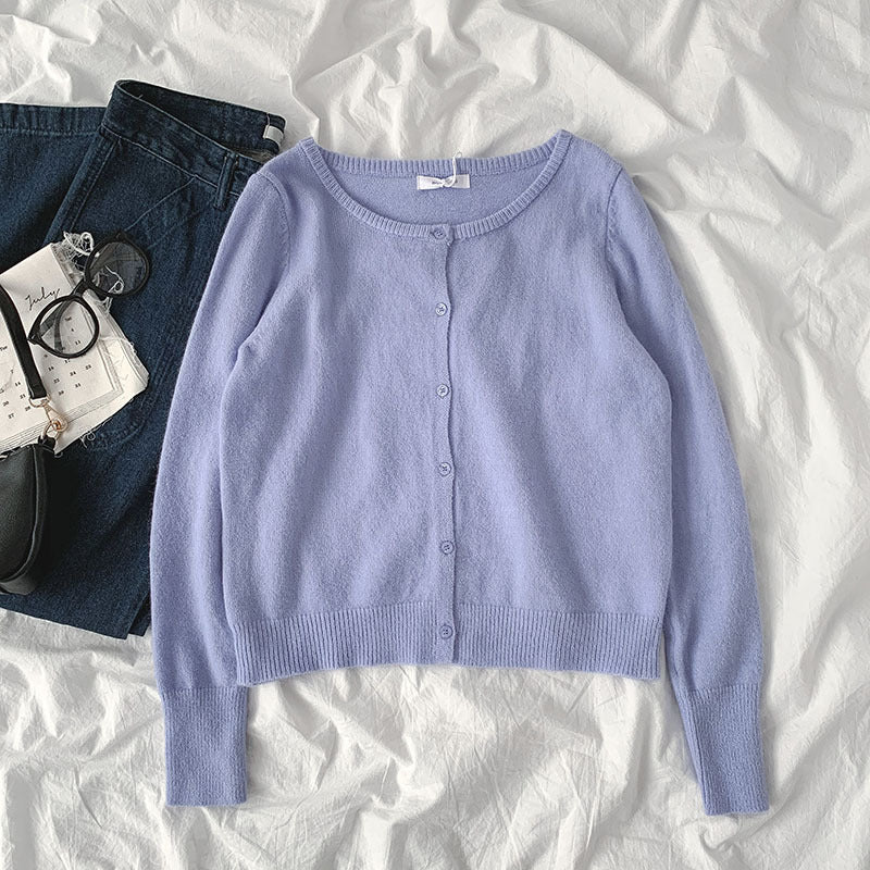 Small pure color sweater new spring women"s fashion lazy style round neck long sleeve single breasted cardigan fashion