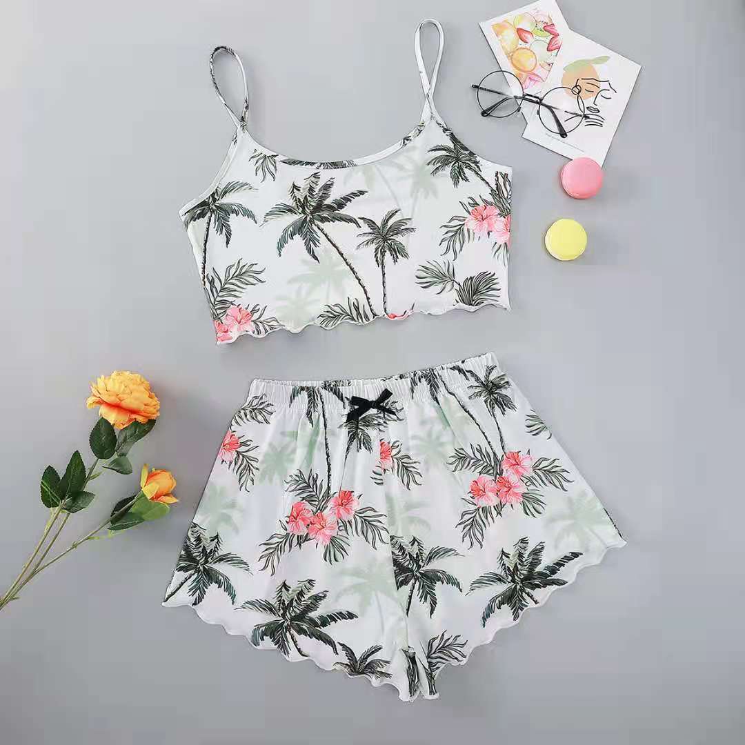 Printed Strap Tube Top Shorts Home Wear Suit