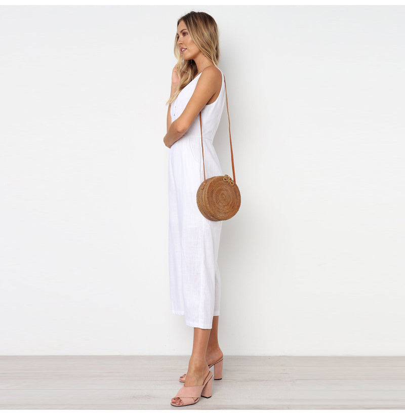 Dacron V-neck Button Backless Jumpsuit