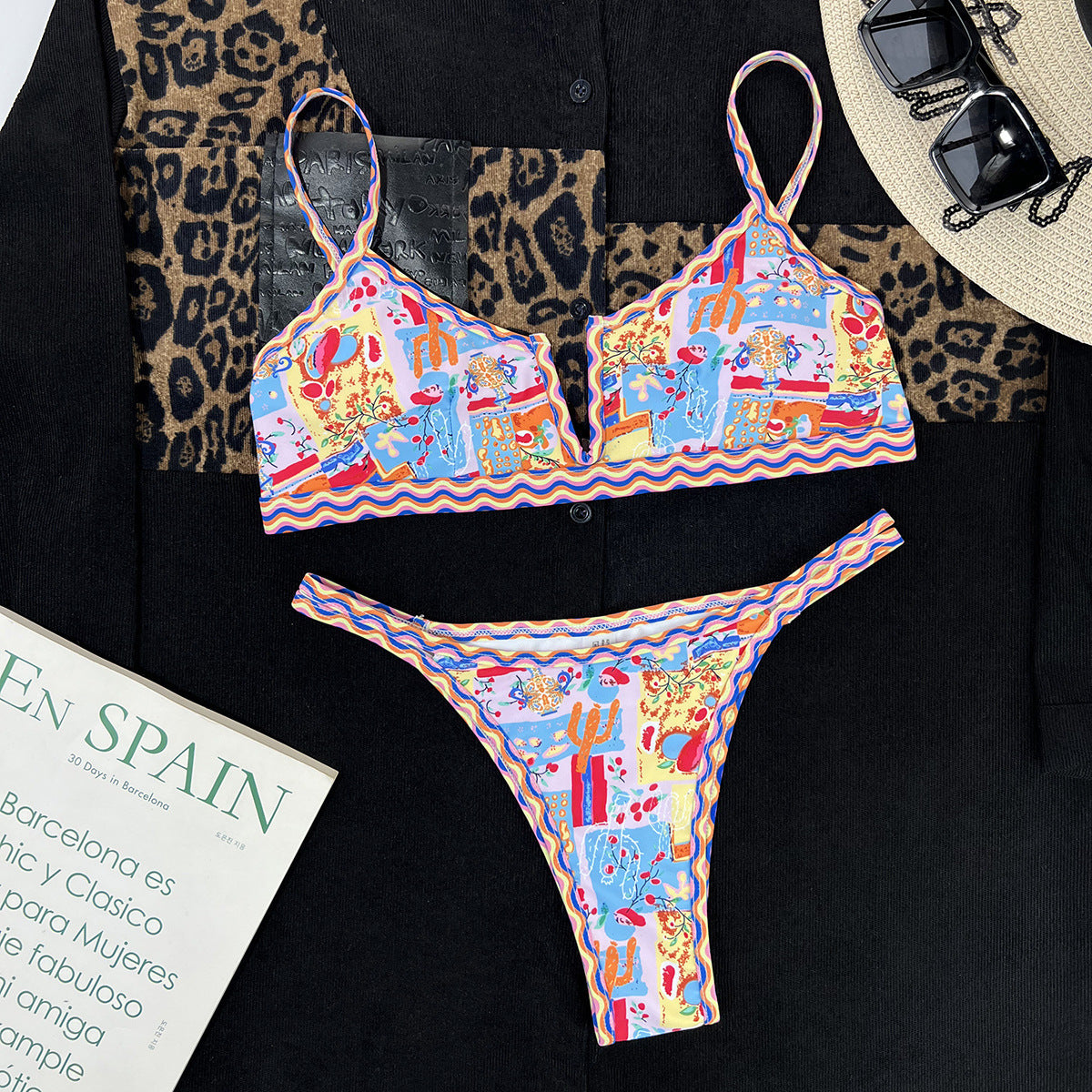 Female Ethnic Printed V-neck Colored Bikini