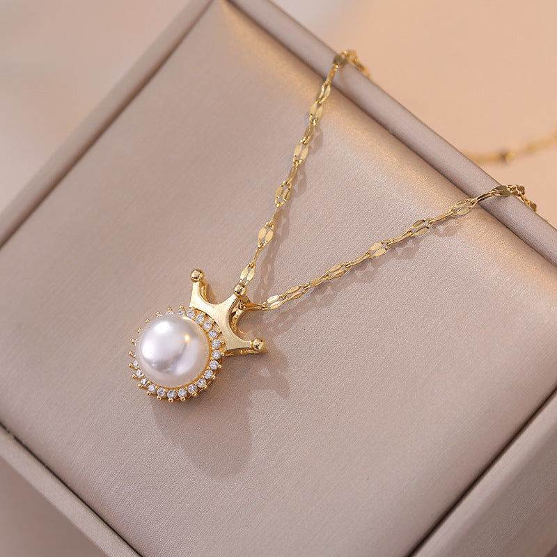 Crown Pearl Geometric Special Interest Light Luxury New Design Sense Pendant Elegant Outfit