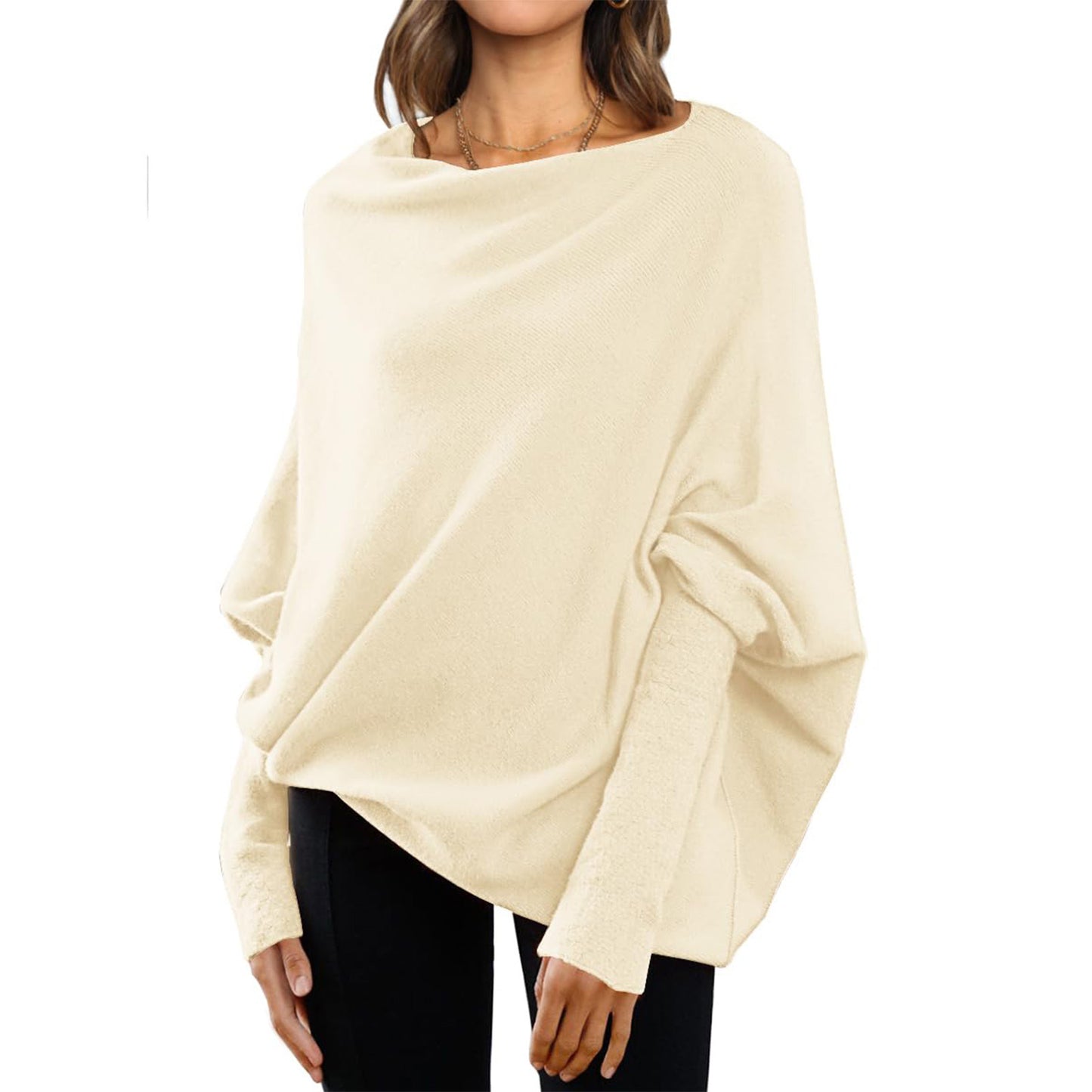 Pinage à manches de chauve-souris en vrac Tops simples décontractés Couleur solide polyvalente Pull à cou rond pour les femmes