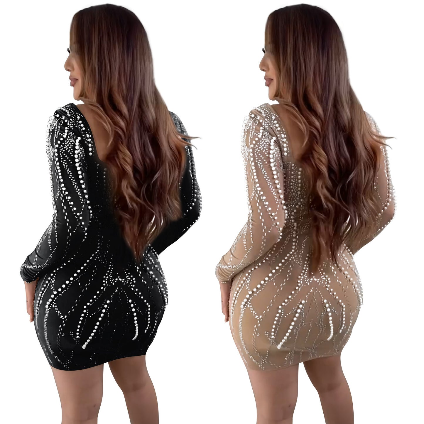 Women's Wear Pure Color Mesh Hot Drilling Long Sleeve Short Dress